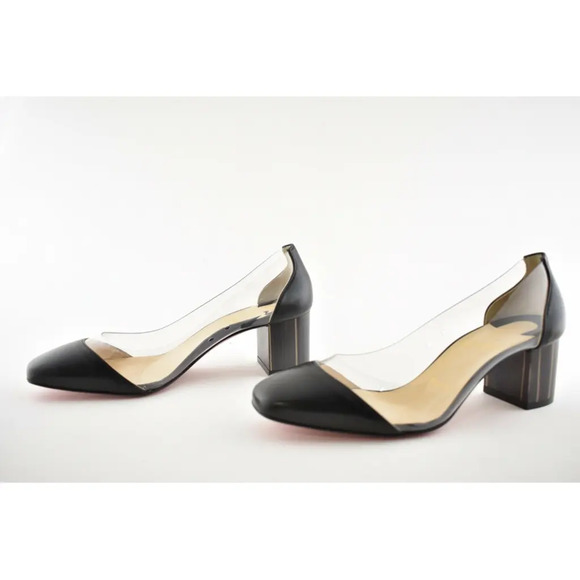 Christian Louboutin Grandola 55 Black Leather PVC Block Heel Sandal Pump 37.5 - Picture 10 of 12